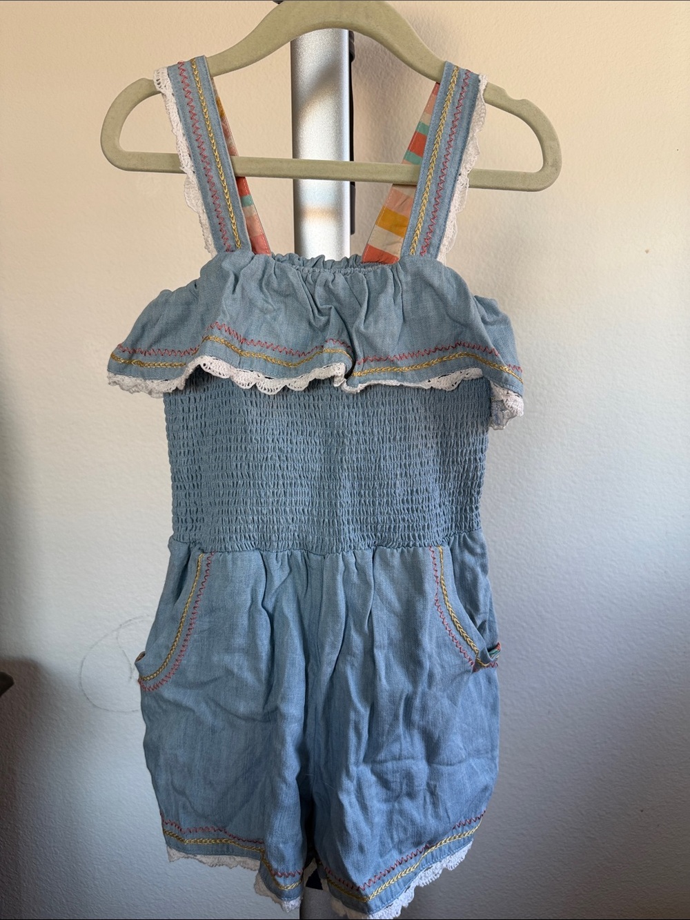 Matilda Jane Light Blue Denim Smocked Romper with Multicolor Striped Straps - Picture 1 of 3